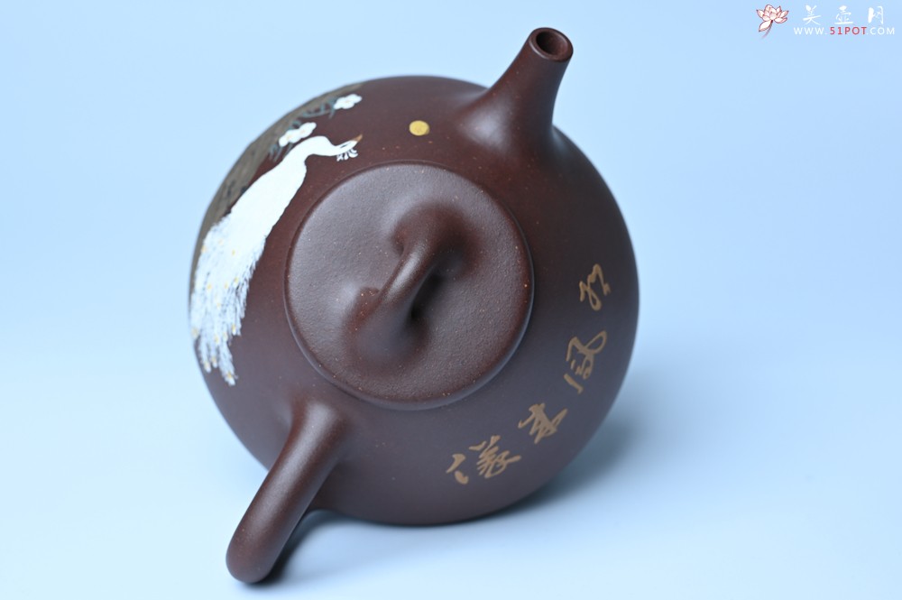 紫砂壶图片：实力派工艺师周斌全手工紫玉金砂子冶石瓢 刻绘孔雀 特文气 - 紫砂壶之家紫砂壶网