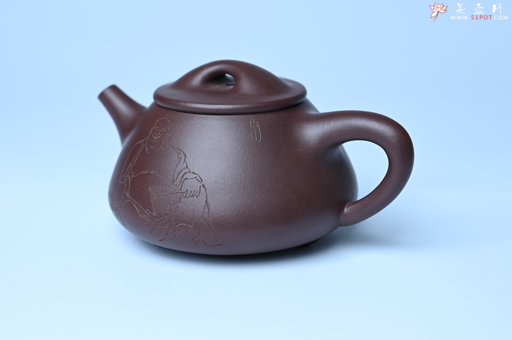 紫砂壶图片：油润底曹青 全手工景舟小石瓢 装饰人物 特文气 - 紫砂壶之家紫砂壶网