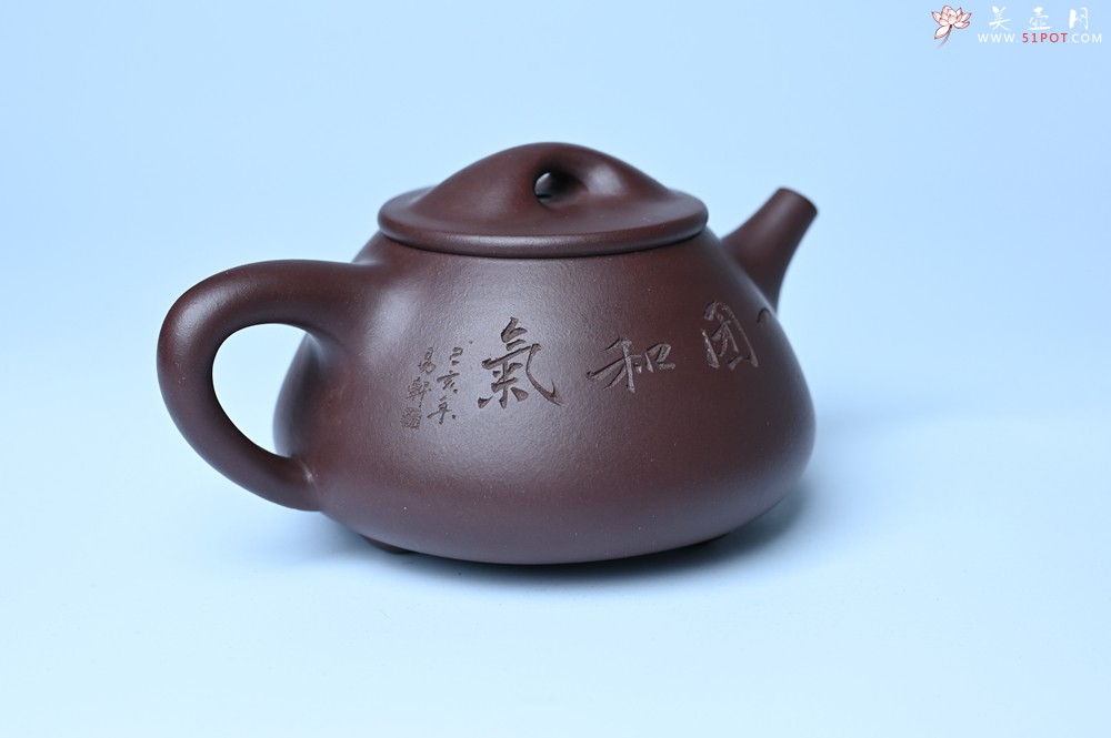 紫砂壶图片：油润底曹青 全手工景舟小石瓢 装饰人物 特文气 - 紫砂壶之家紫砂壶网